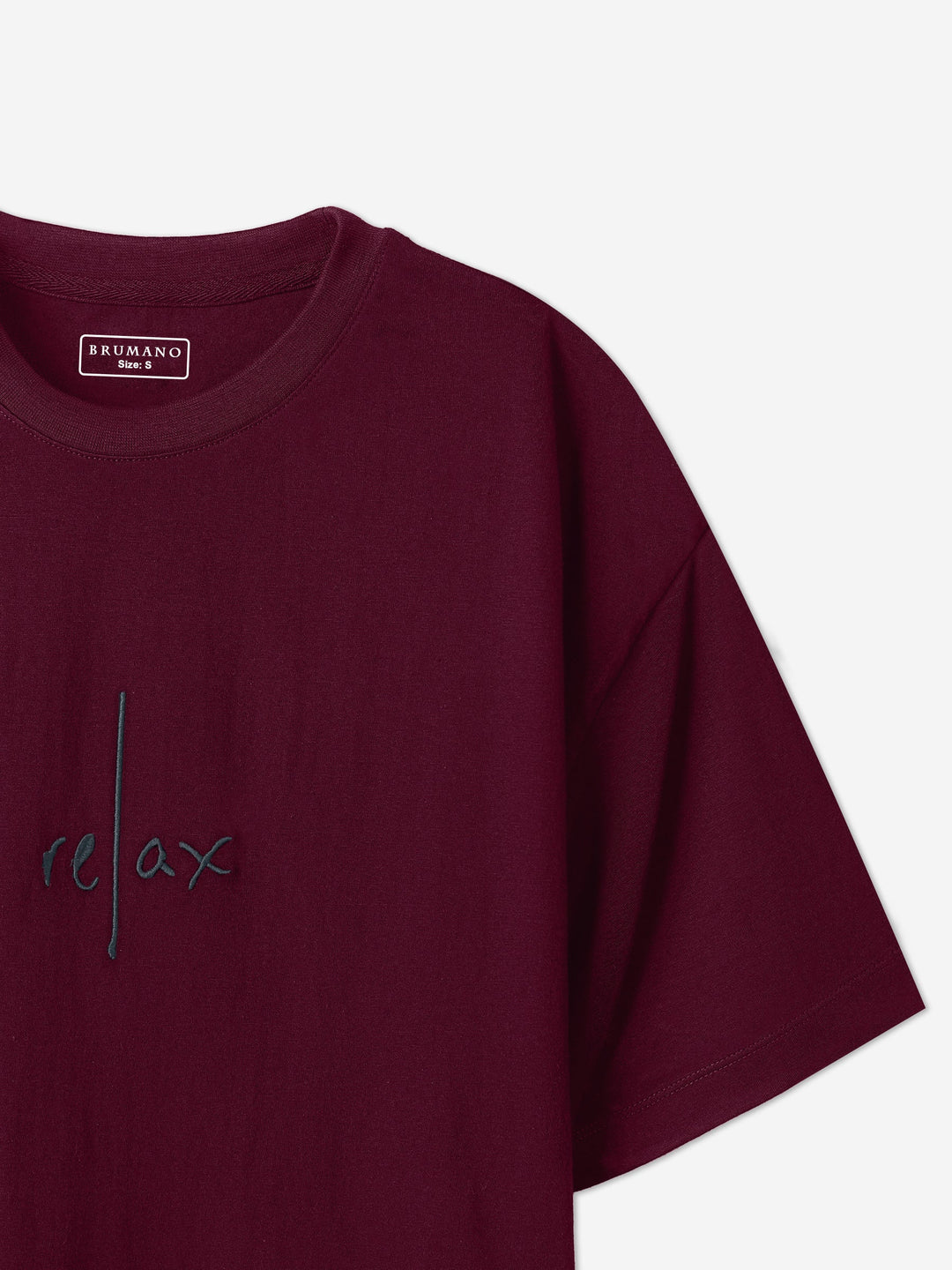 Brumano Cotton Printed Men - Maroon Oversized T-Shirt With Minimalist 'Relax' Embroidery
