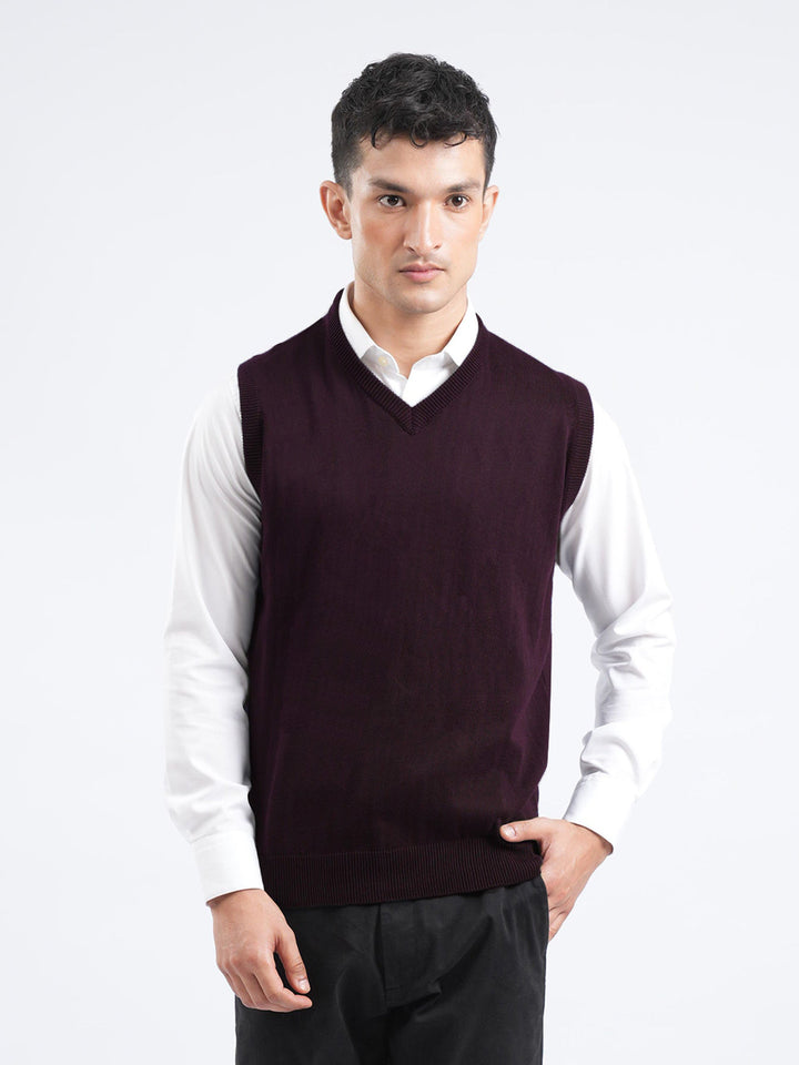 Brumano Mens RTW Solids Cotton 1 Piece Maroon Sleeveless V-Neck Winter Collection