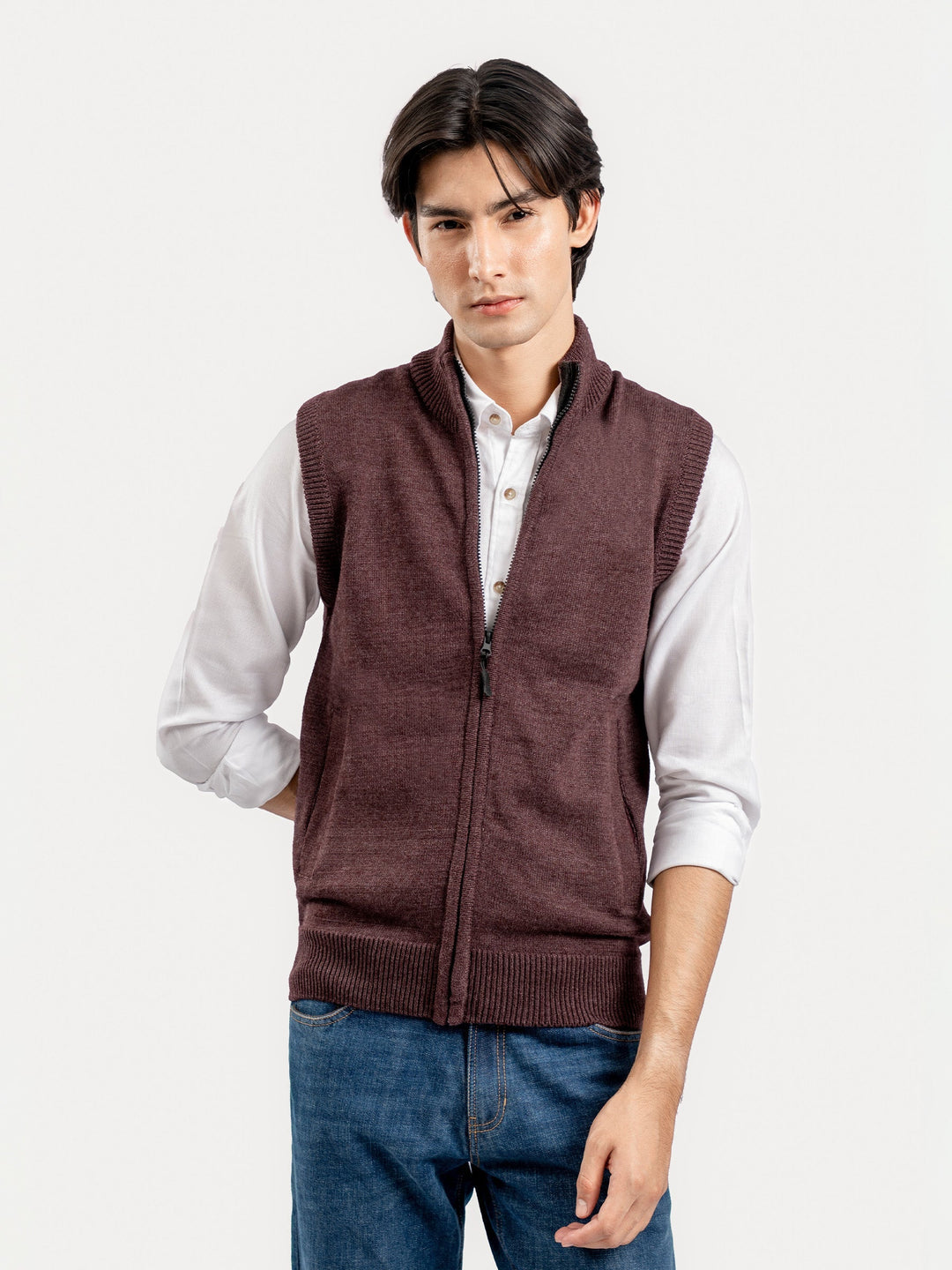Brumano Mens RTW Solids Cotton 1 Piece Maroon Sleeveless Zipper Sweater Winter Collection