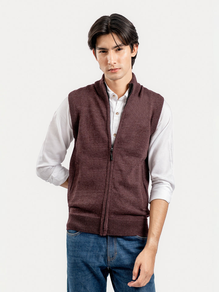 Brumano Ready to Wear Men Cotton Maroon Sleeveless Zipper Sweater 0-24-025-4761-D-09 - Winter Collection
