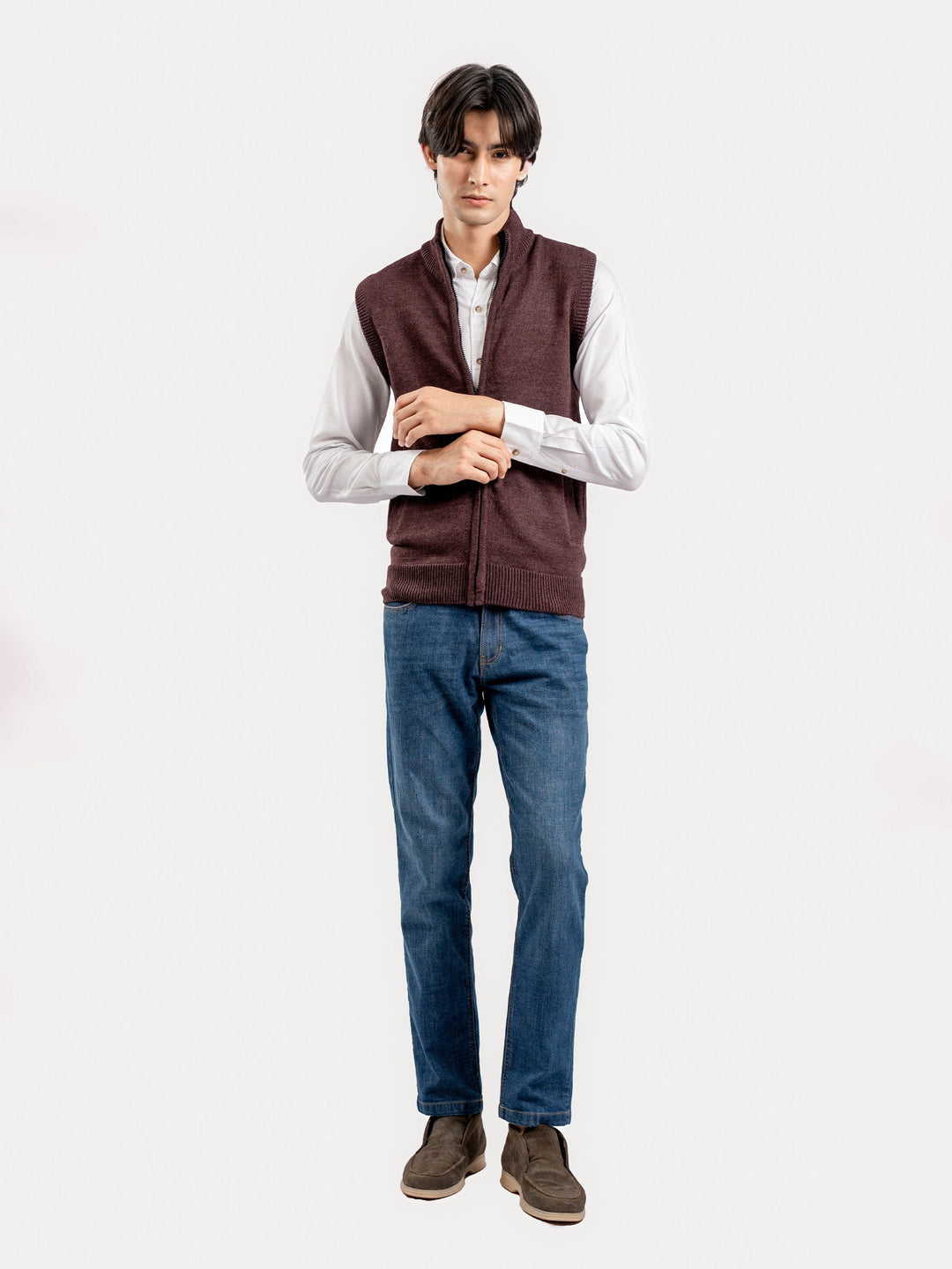 Brumano Mens RTW Solids Cotton 1 Piece Maroon Sleeveless Zipper Sweater Winter Collection