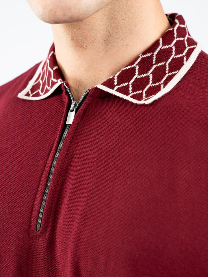 Brumano  Solids Cotton Polo Maroon Zipper Polo With Jacquard Collar
