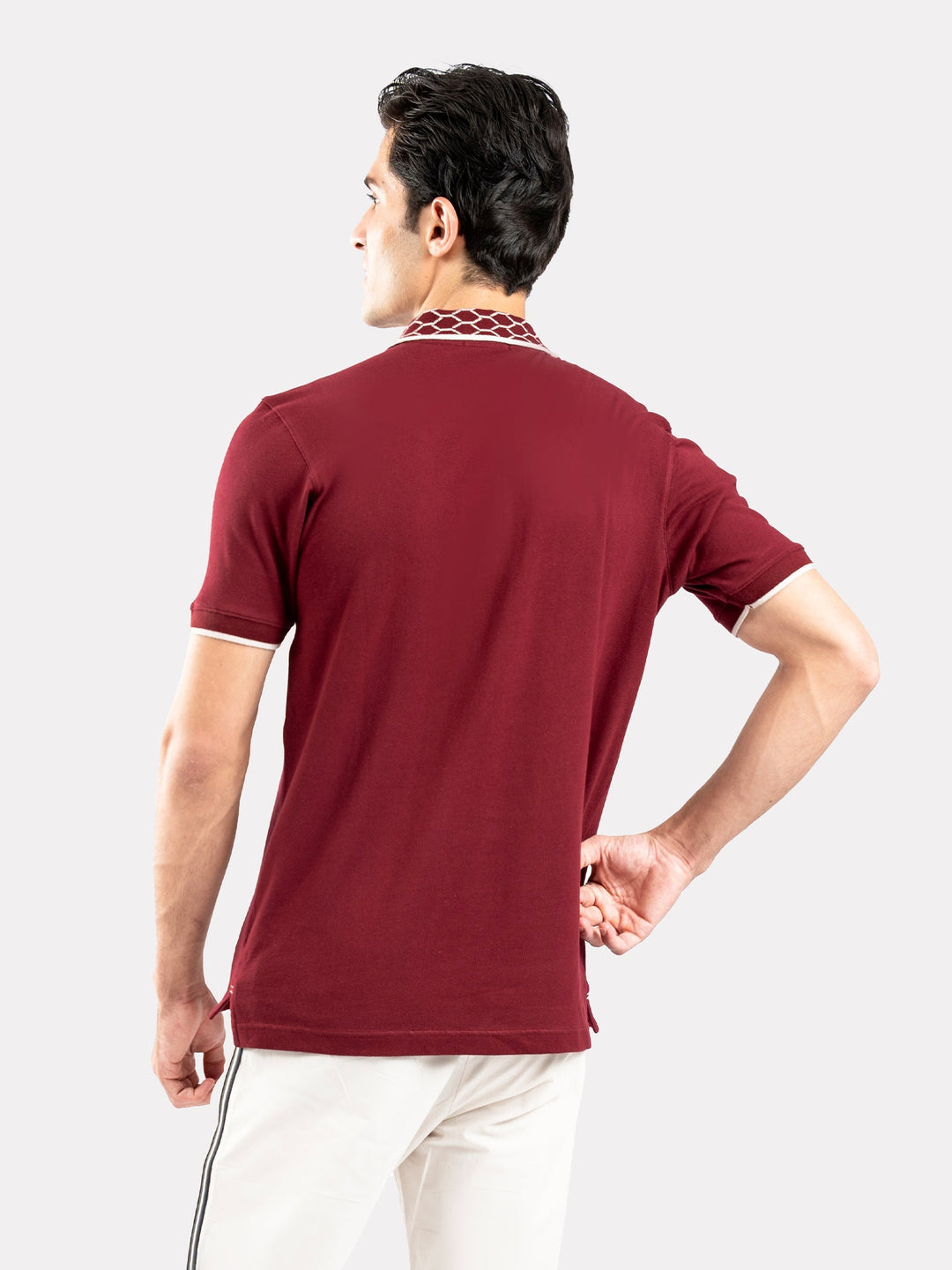 Brumano  Solids Cotton Polo Maroon Zipper Polo With Jacquard Collar