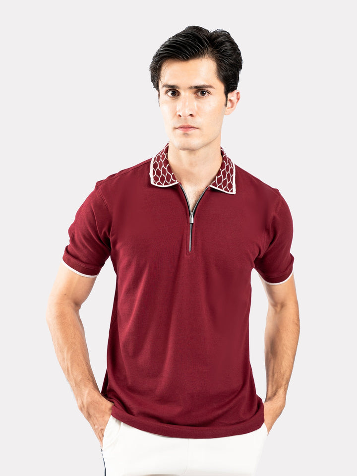 Brumano  Solids Cotton Polo Maroon Zipper Polo With Jacquard Collar