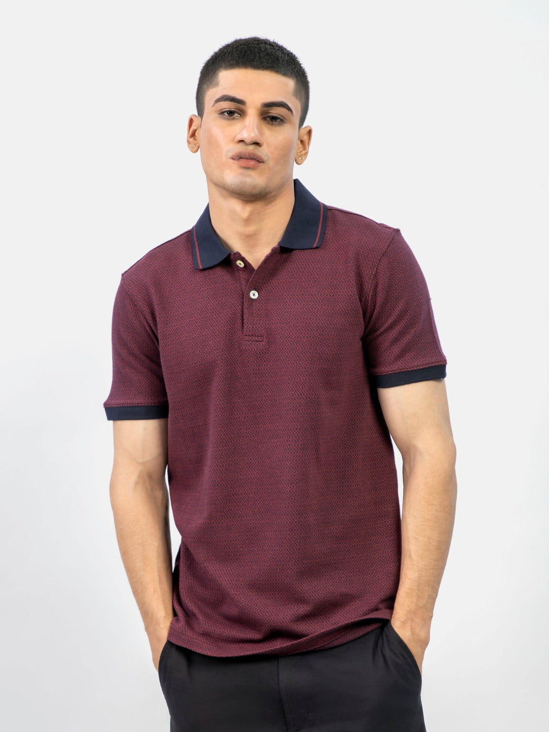 Brumano  Solids Cotton Polo Maroon & Navy Jacquard Slim Fit Polo Shirt