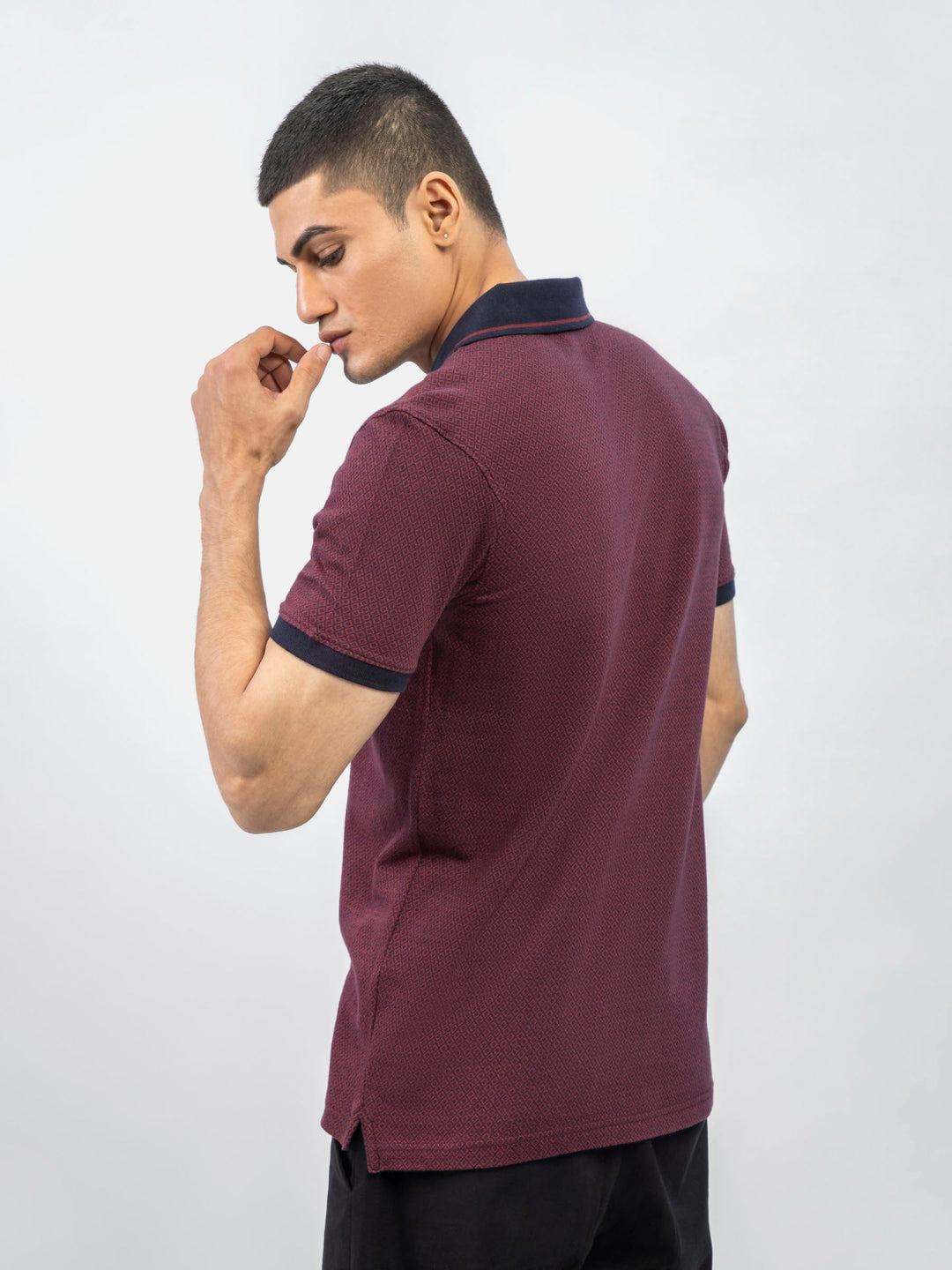 Brumano  Solids Cotton Polo Maroon & Navy Jacquard Slim Fit Polo Shirt