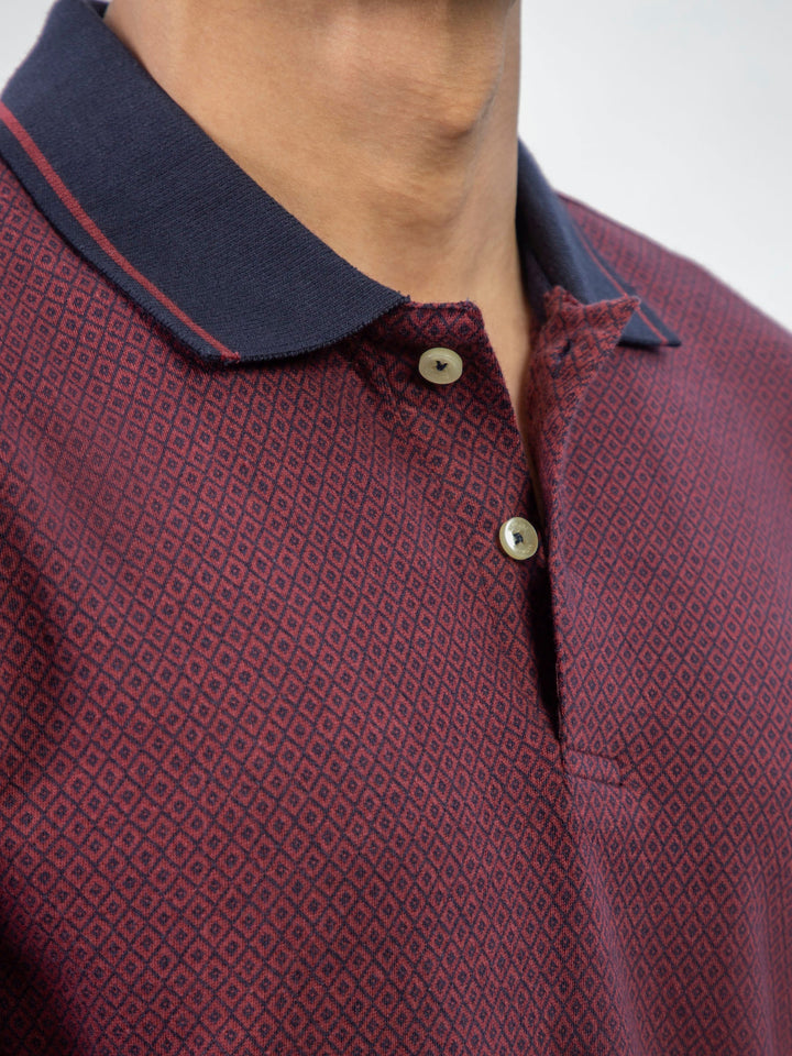 Brumano  Solids Cotton Polo Maroon & Navy Jacquard Slim Fit Polo Shirt