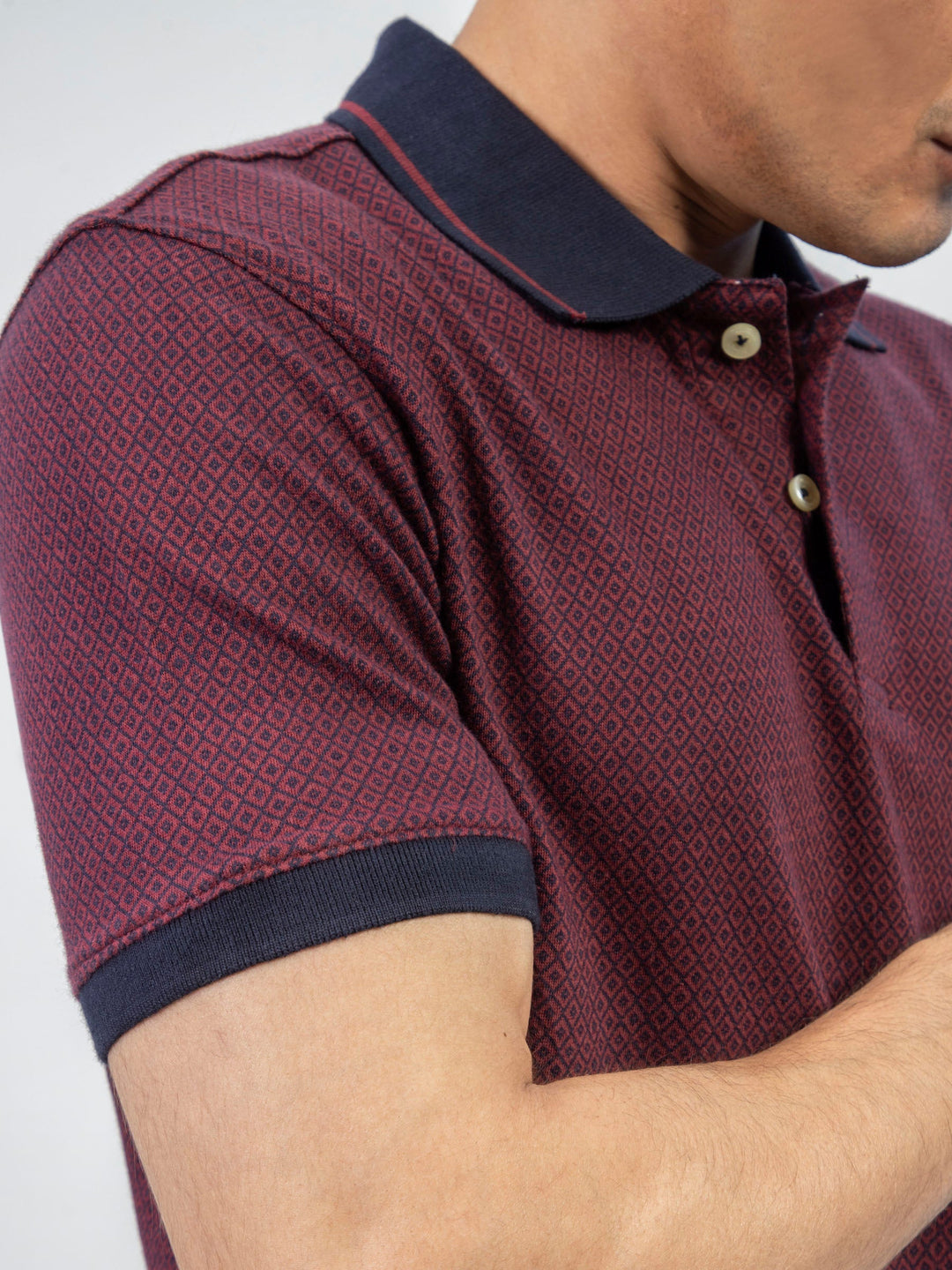 Brumano  Solids Cotton Polo Maroon & Navy Jacquard Slim Fit Polo Shirt