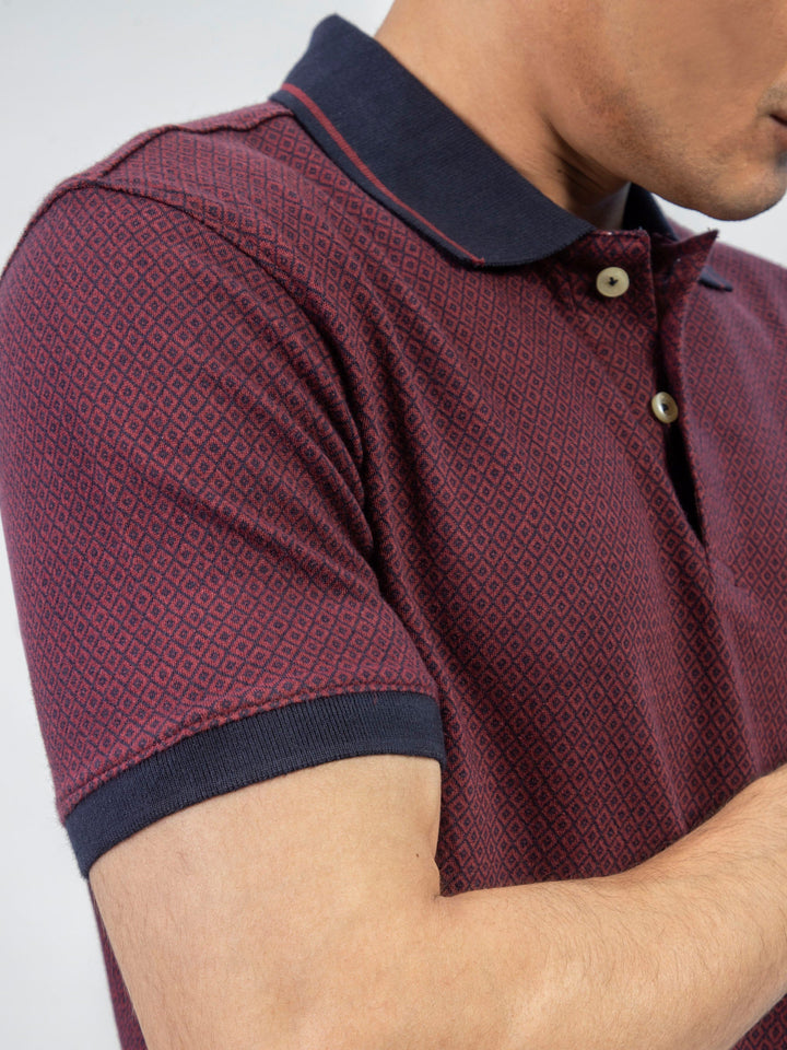 Brumano  Solids Cotton Polo Maroon & Navy Jacquard Slim Fit Polo Shirt