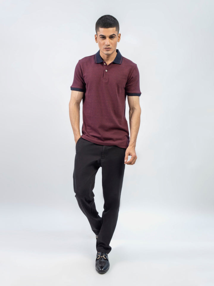 Brumano  Solids Cotton Polo Maroon & Navy Jacquard Slim Fit Polo Shirt