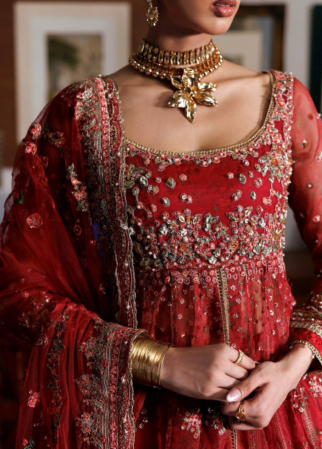 Marwa by Maryam Hussain Unstitched Embroidered Organza 3 Piece Suit Crimson - Wedding Collection