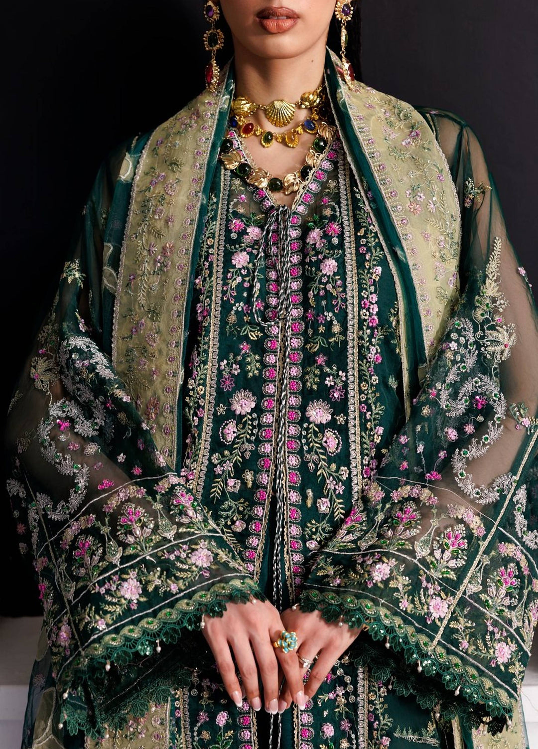 Marwa by Maryam Hussain Unstitched Embroidered Net 3 Piece Suit Zamurd - Wedding Collection