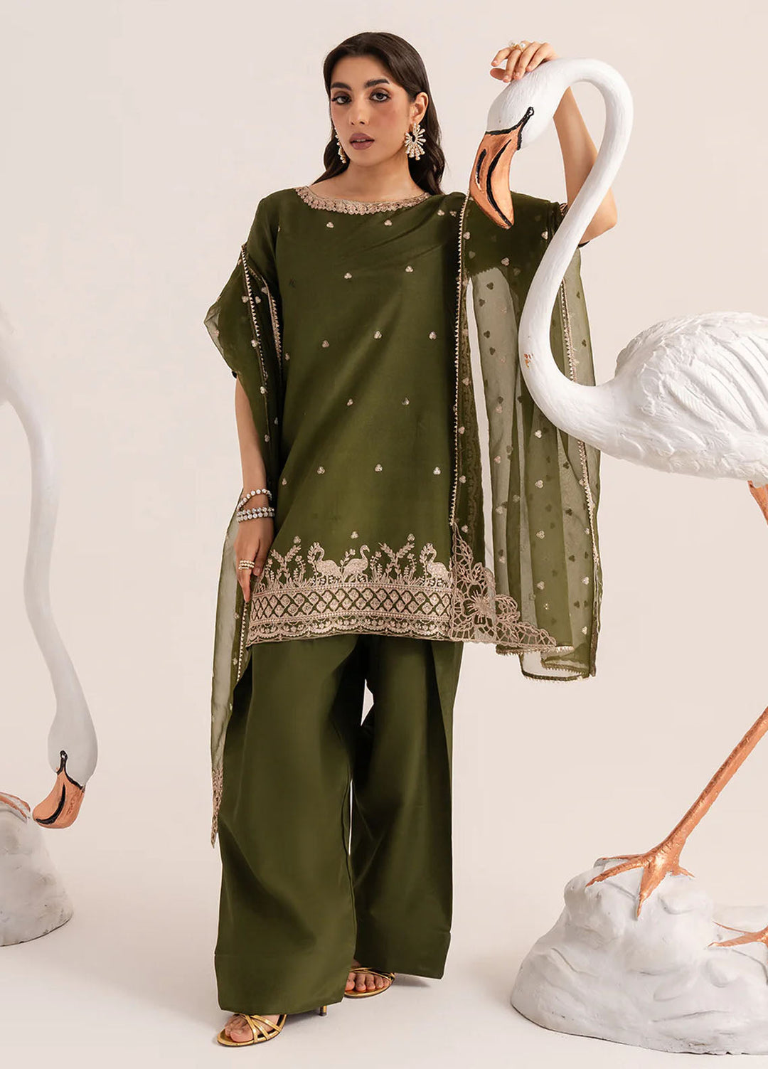 Izel Pret Embroidered Raw Silk 3 Piece Suit Matcha