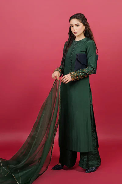 Meeral Pret Embroidered Raw Silk 3 Piece Suit HE-001