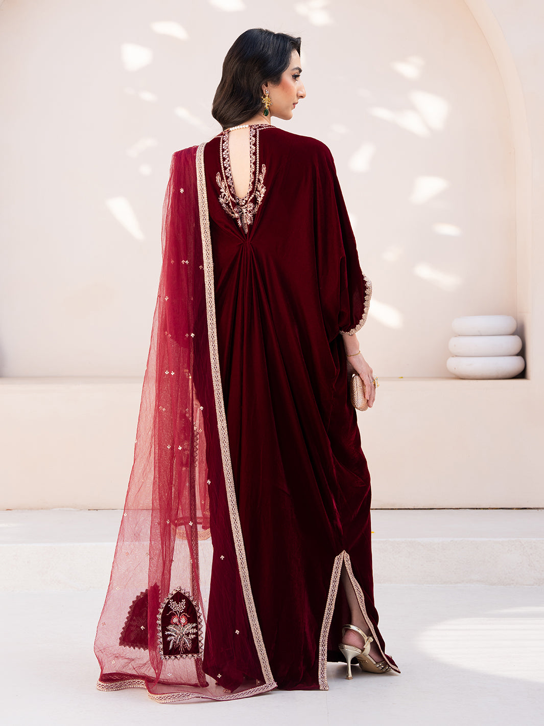 Le Tresor by Izel Pret Embroidered Velvet 3 Piece Suit Merlot - Festive Collection