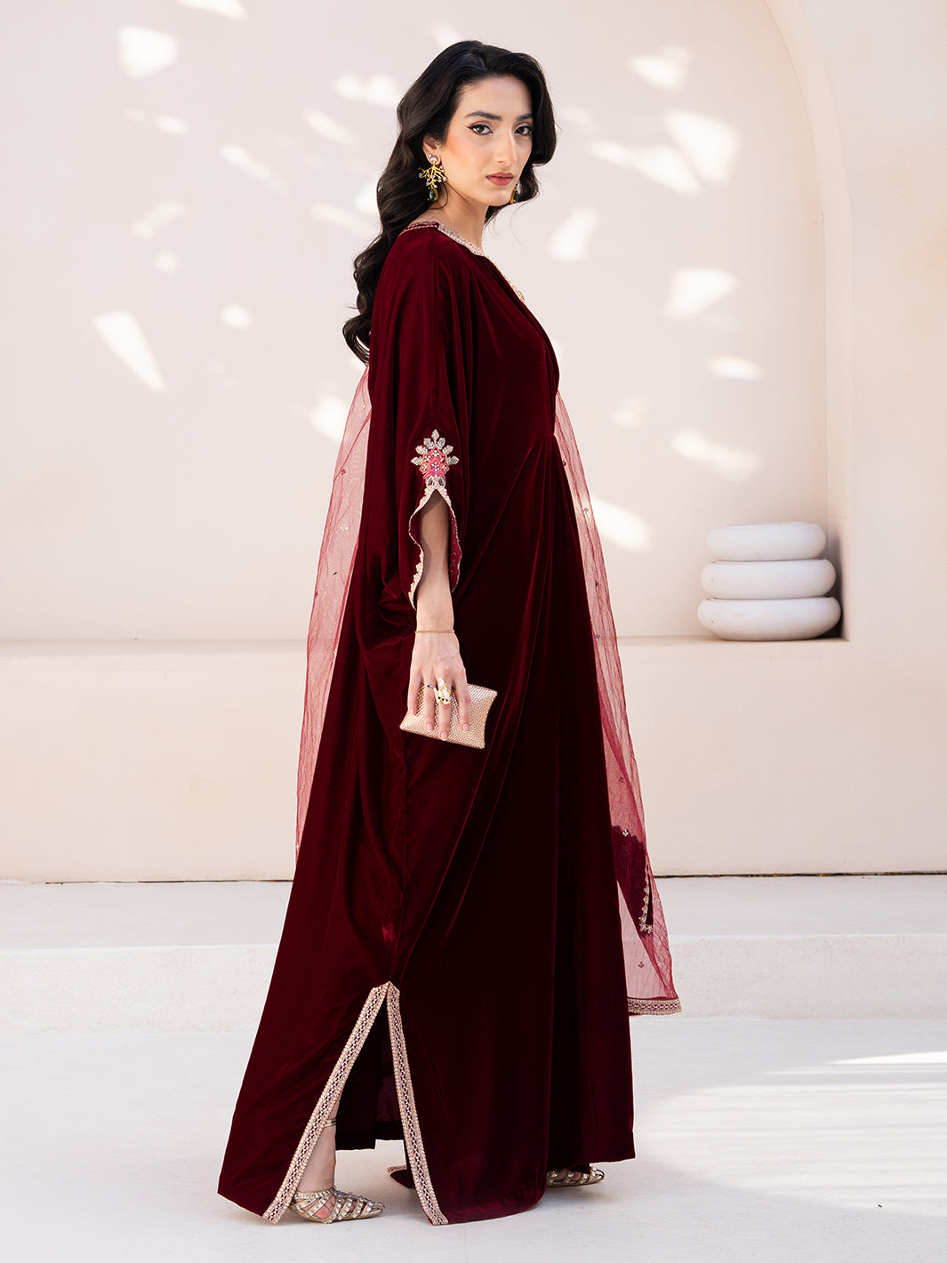 Le Tresor by Izel Pret Embroidered Velvet 3 Piece Suit Merlot - Festive Collection