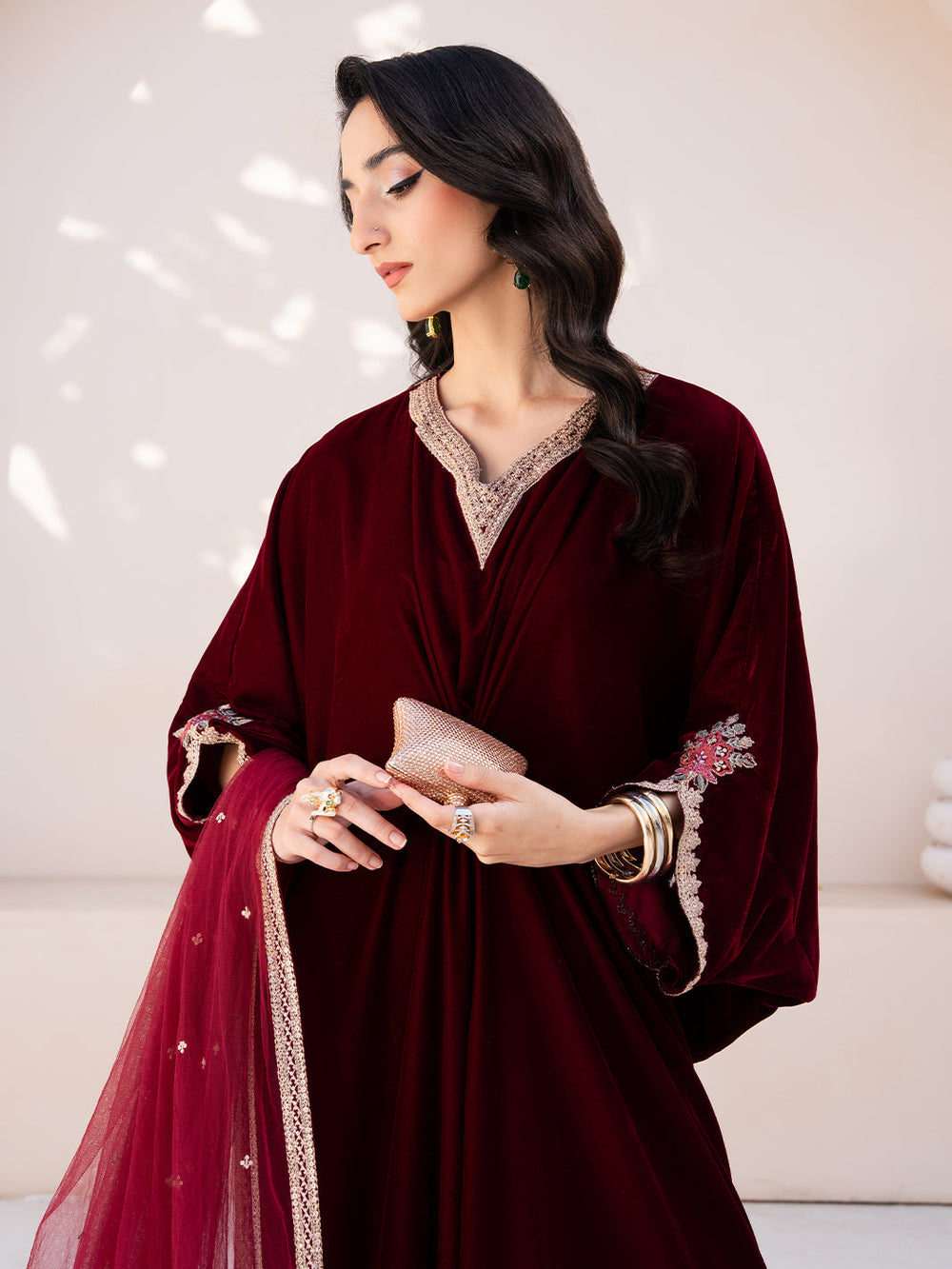 Le Tresor by Izel Pret Embroidered Velvet 3 Piece Suit Merlot - Festive Collection