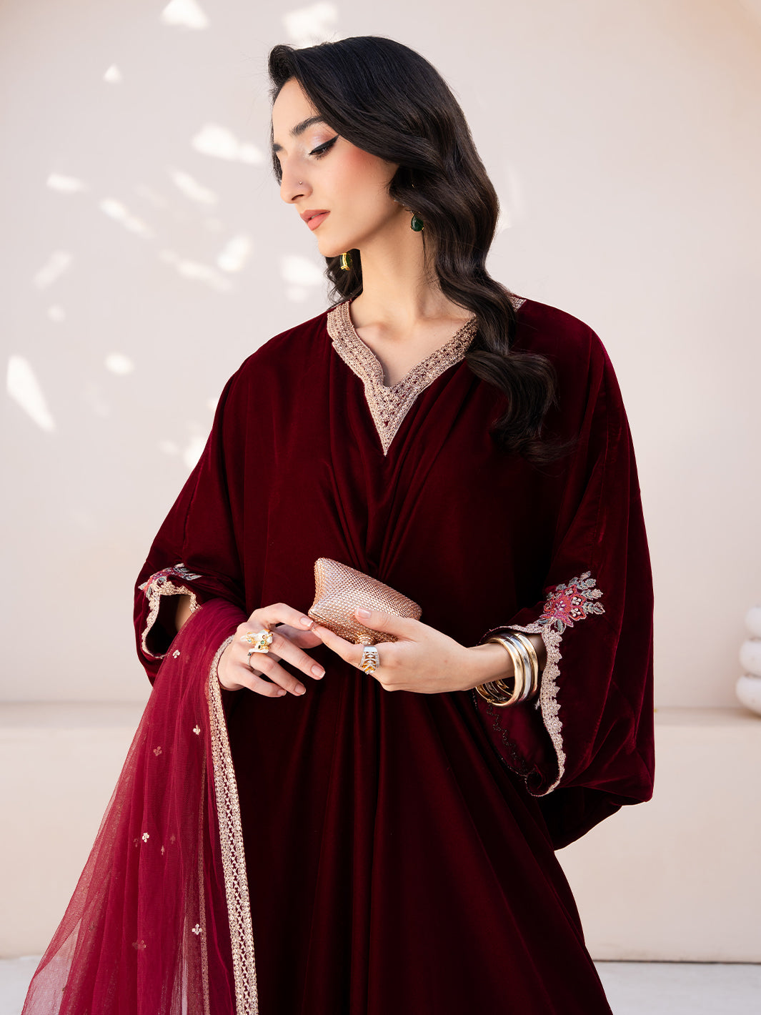 Le Tresor by Izel Pret Embroidered Velvet 3 Piece Suit Merlot - Festive Collection