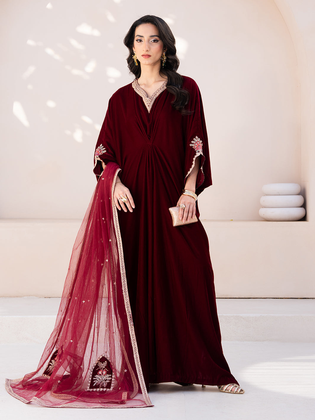 Le Tresor by Izel Pret Embroidered Velvet 3 Piece Suit Merlot - Festive Collection