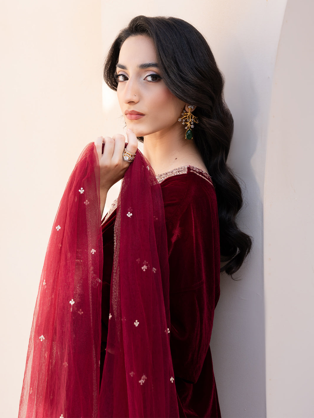 Le Tresor by Izel Pret Embroidered Velvet 3 Piece Suit Merlot - Festive Collection