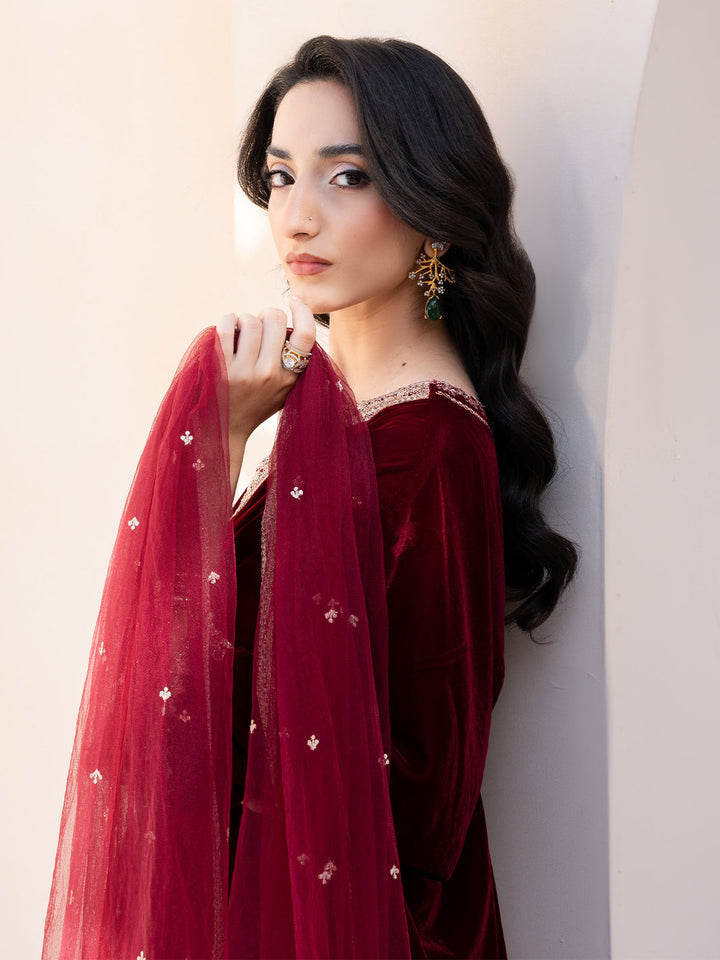 Le Tresor by Izel Pret Embroidered Velvet 3 Piece Suit Merlot - Festive Collection