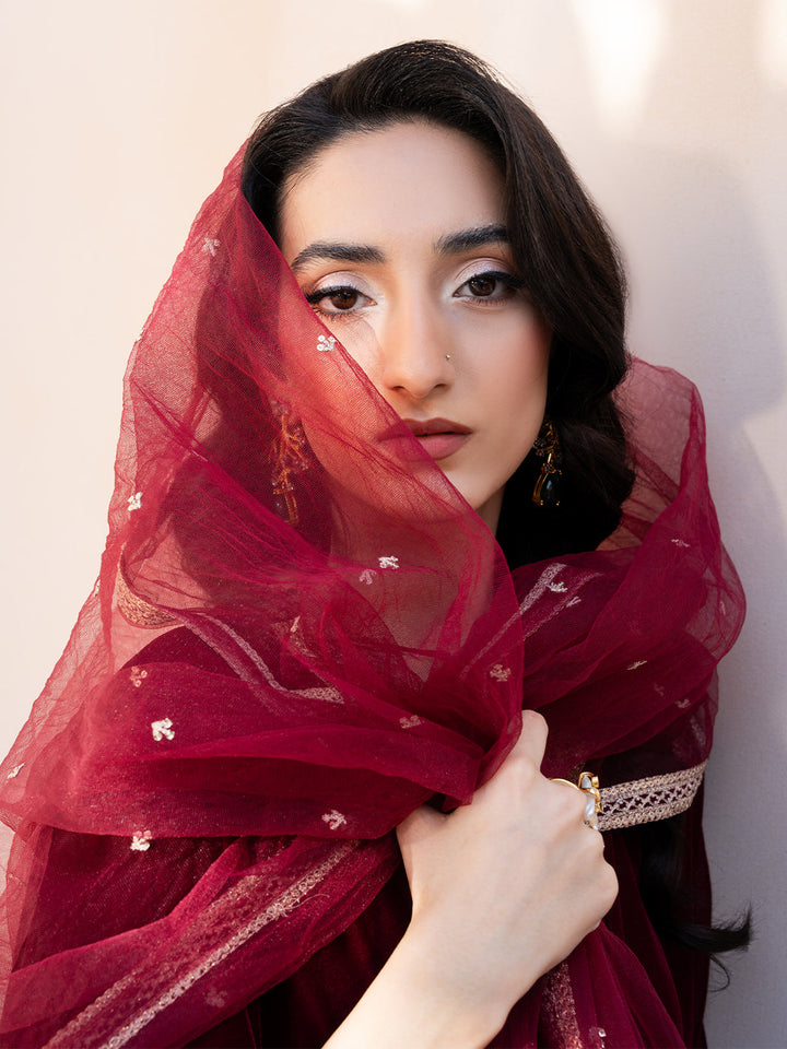 Le Tresor by Izel Pret Embroidered Velvet 3 Piece Suit Merlot - Festive Collection