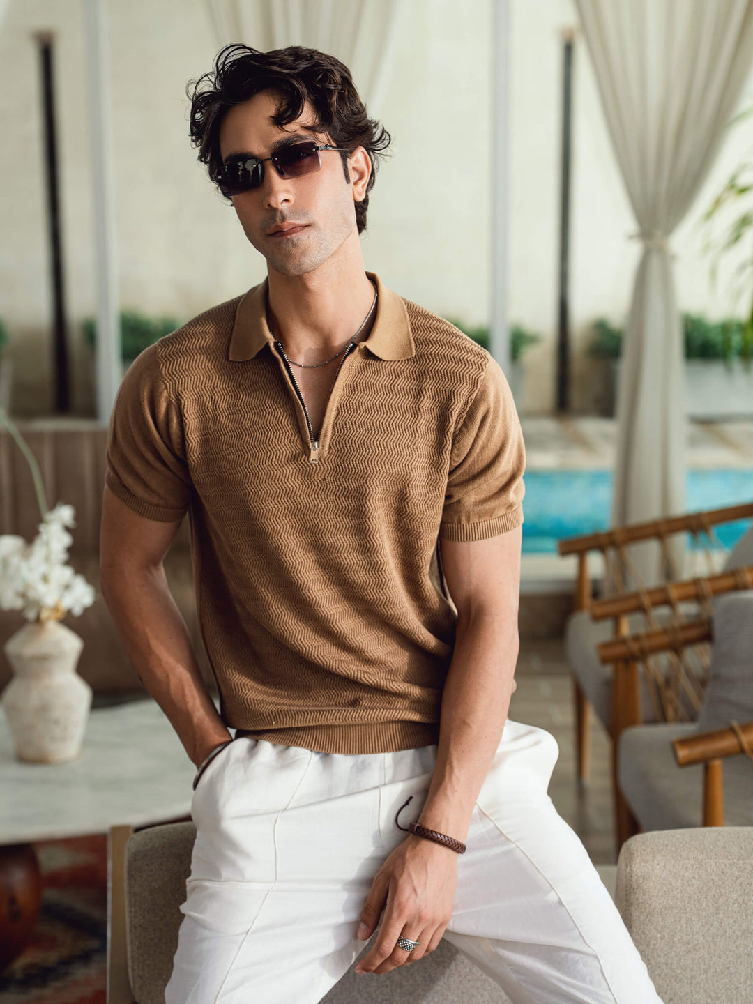 Brumano Mens RTW Solids Cotton Polo T-Shirt Brown Textured Zipper Casual Collection