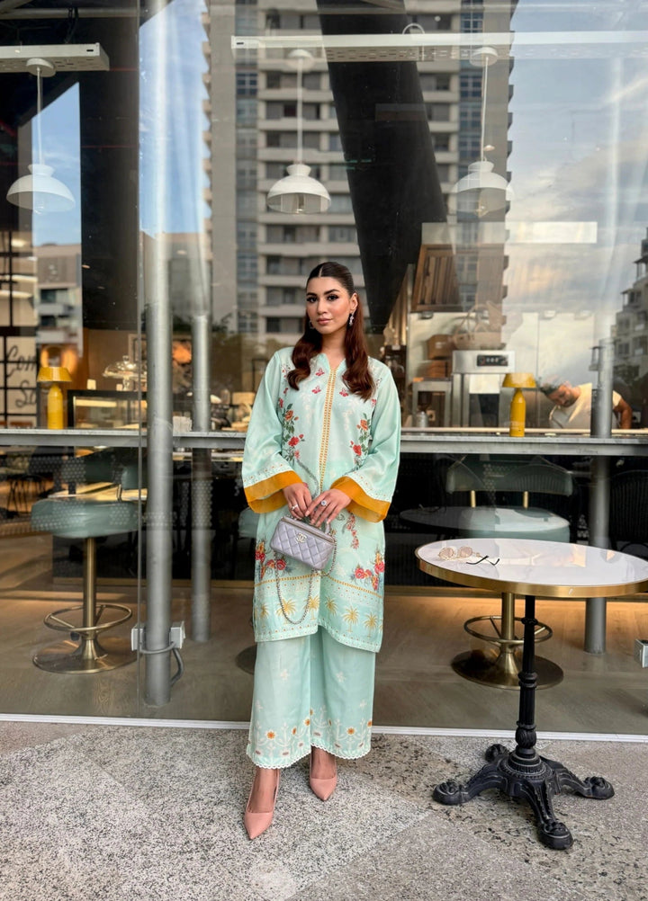 Mataish Women RTW Printed Crepe 2 Piece Suit Mint Blossom Cordset - Festive Collection