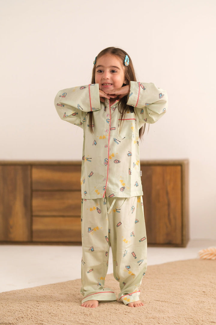 Baby Nest Kids Premium Night Suits For Girls Printed 2 Piece Boski Linen Mint Doodle Glam - Casual Collection