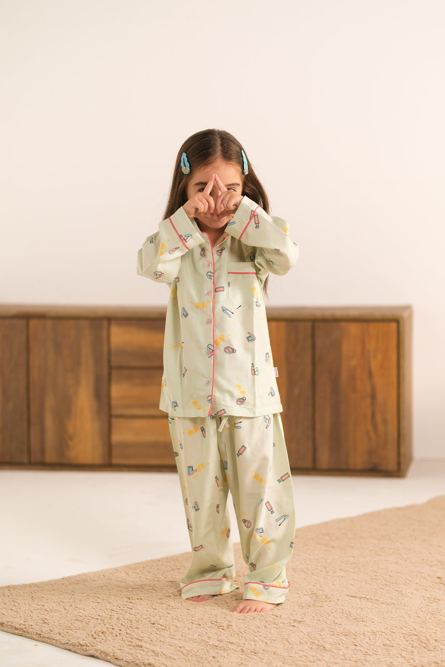 Baby Nest Kids Premium Night Suits For Girls Printed 2 Piece Boski Linen Mint Doodle Glam - Casual Collection