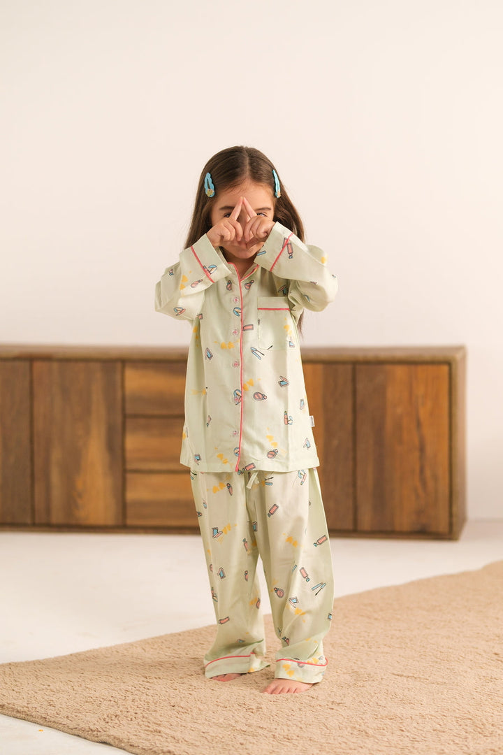 Baby Nest Kids Premium Night Suits For Girls Printed 2 Piece Boski Linen Mint Doodle Glam - Casual Collection