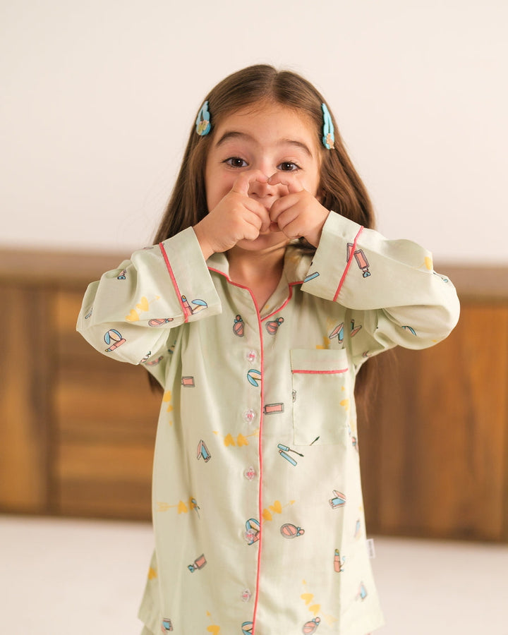 Baby Nest Kids Premium Night Suits For Girls Printed 2 Piece Boski Linen Mint Doodle Glam - Casual Collection