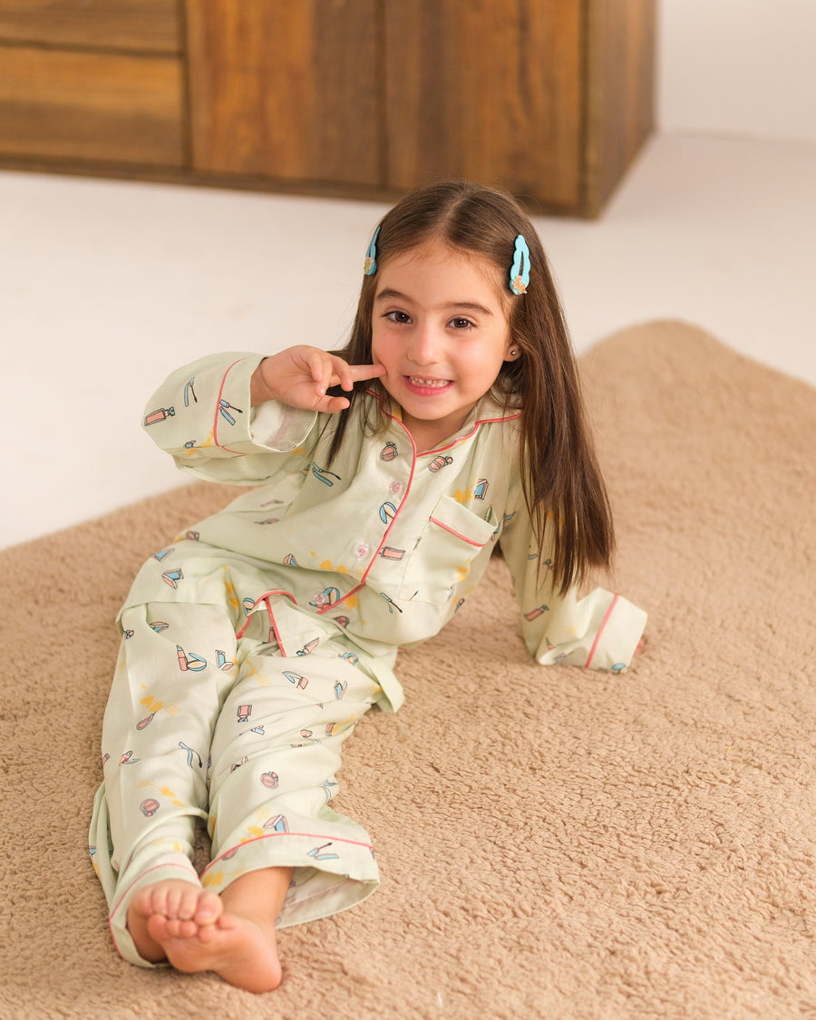 Baby Nest Kids Premium Night Suits For Girls Printed 2 Piece Boski Linen Mint Doodle Glam - Casual Collection