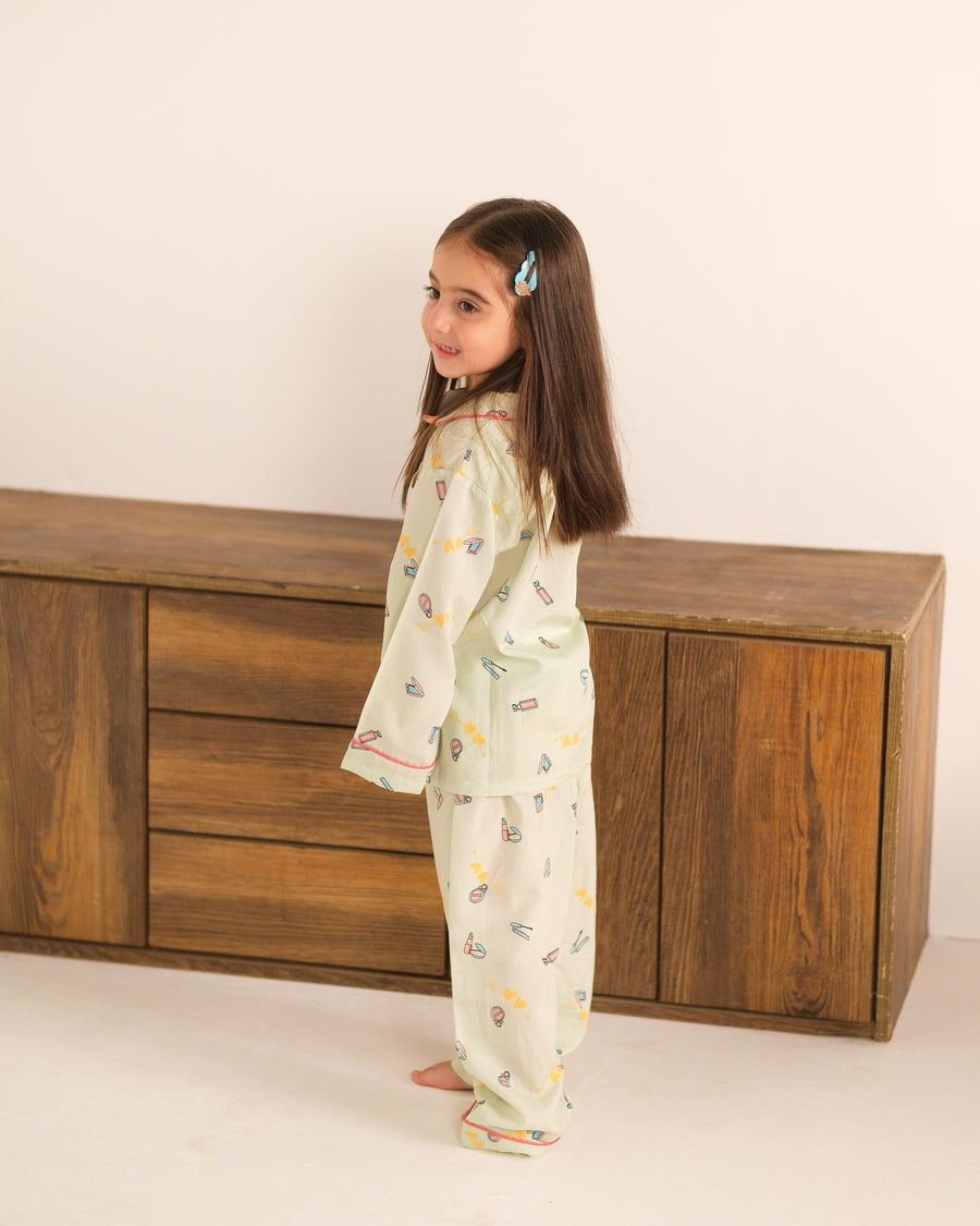 Baby Nest Kids Premium Night Suits For Girls Printed 2 Piece Boski Linen Mint Doodle Glam - Casual Collection