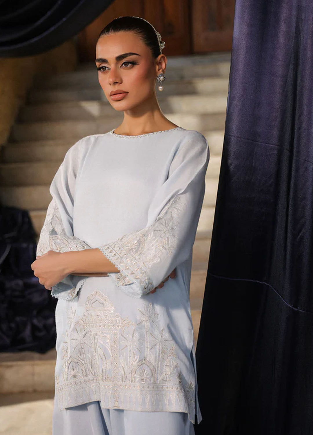 Luxe by Sahar Pret Embroidered Raw Silk 2 Piece Misty Blue