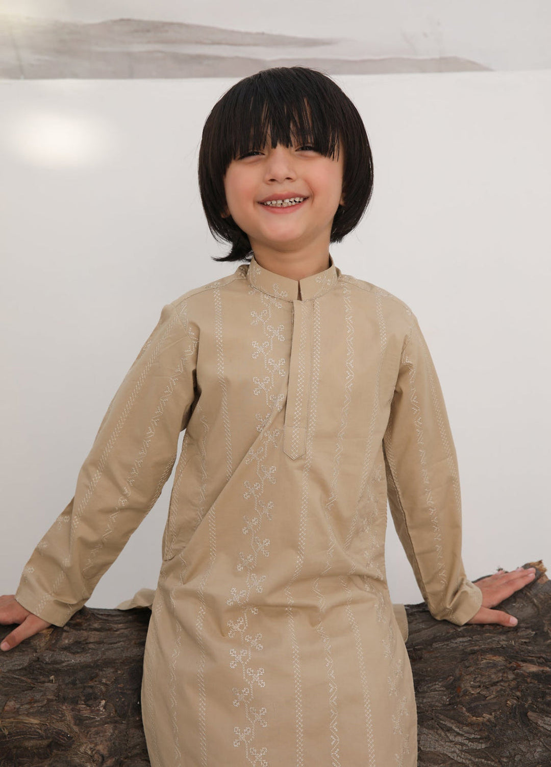 Muraqsh Ready To Wear   Boys Ivory Skin Cotton Embroidered Kurta Trouser MUR-ISECK - Summer Collection