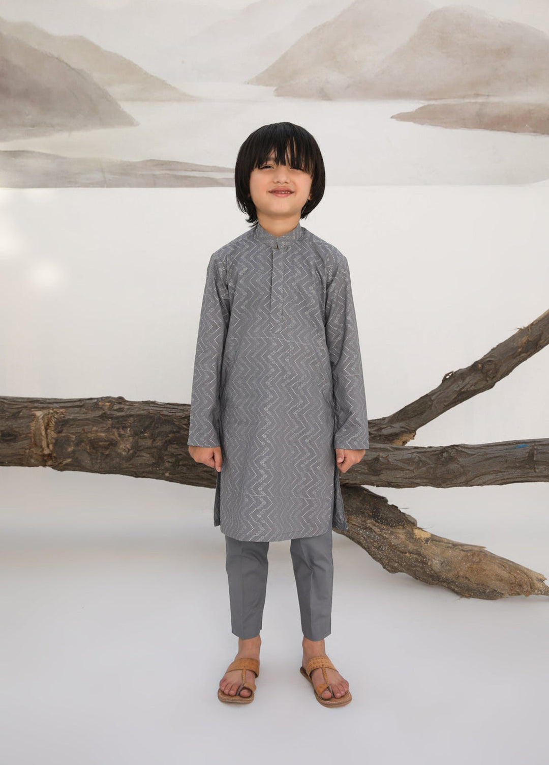 Muraqsh Ready To Wear   Boys Light Grey Cotton Embroidered Kurta Trouser MURGECK - Summer Collection