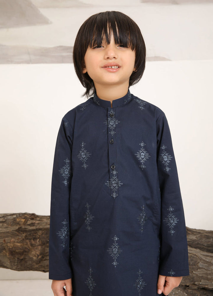 Muraqsh Ready To Wear   Boys Navy Blue Cotton Embroidered Kurta Trouser MUR-NBECK - Summer Collection