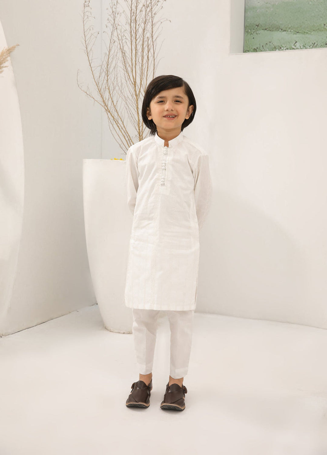 Muraqsh Ready To Wear   Boys Off White Cotton Embroidered Kurta Trouser Loop Buttons MUR-OWECK - Summer Collection