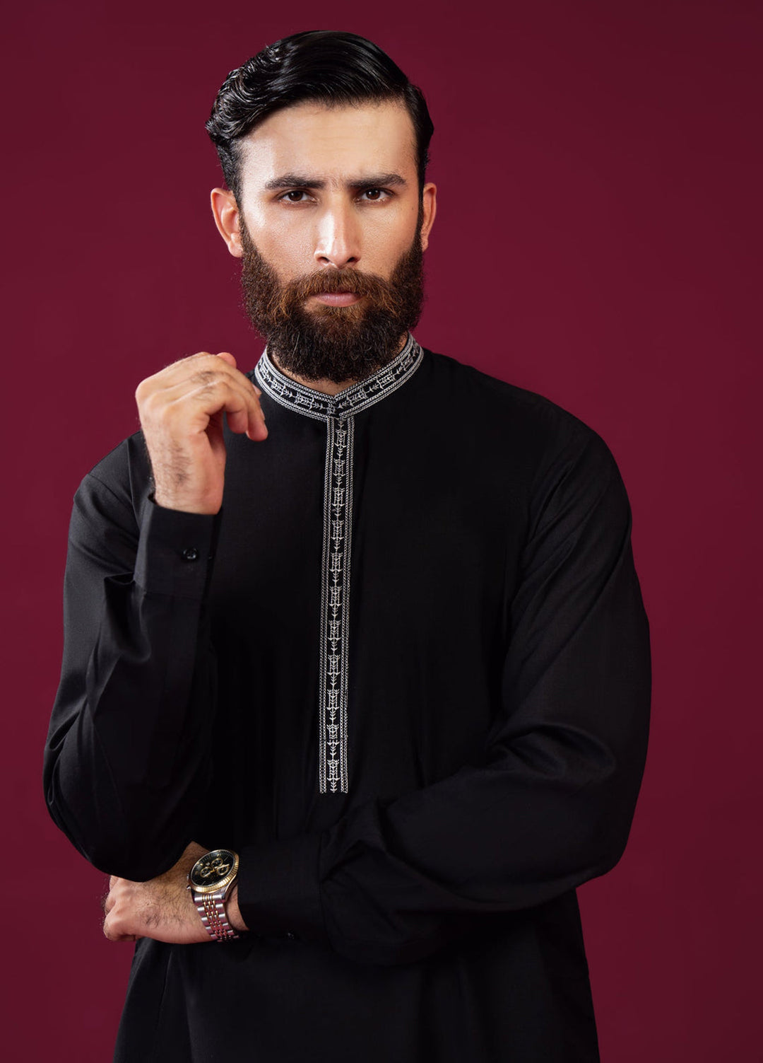 Muraqsh Ready To Wear  Cotton Men Formal Black Kurta Shalwar Falling Collar Neck Embroidered MUR-FBKS - Summer Collection