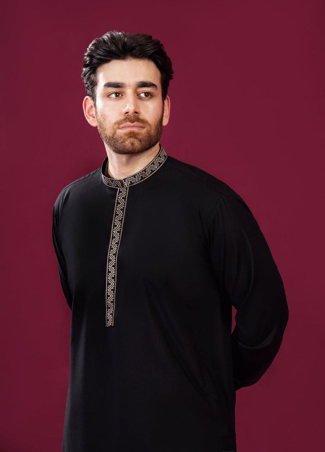 Muraqsh Ready To Wear  Cotton Men Formal Black Kurta Shalwar Pattern Collar Neck Embroidered MUR-FBKS - Summer Collection
