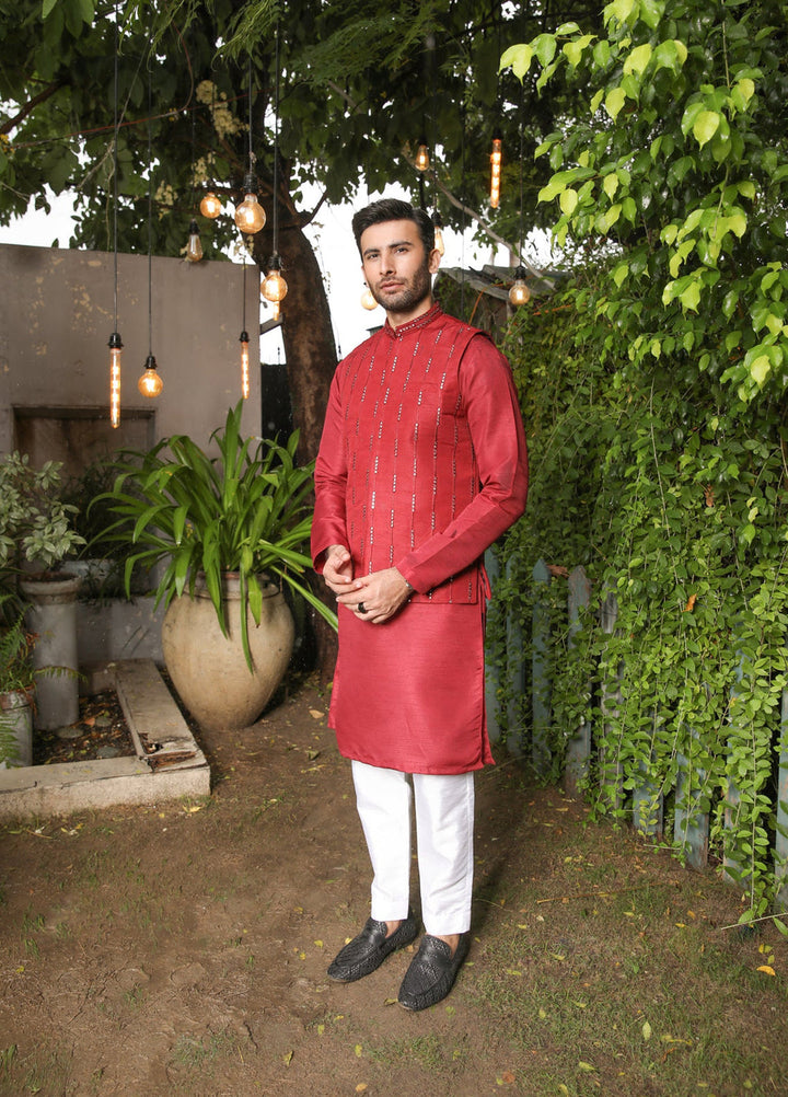 Muraqsh Ready To Wear  Cotton Men Maroon Kurta Trouser with Panni Embroidered Waistcoat MURPE-W - Summer Collection