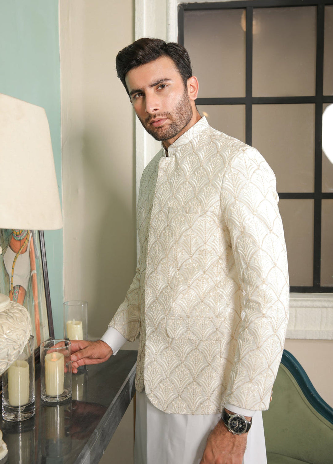 Muraqsh Ready To Wear  Cotton Men Off White Kurta Trouser with Sequin Embroidered Prince Coat ABD-OWEPC - Summer Collection