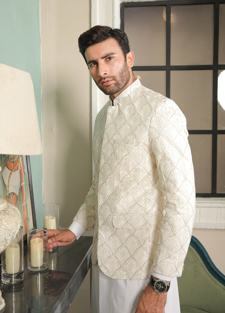 Muraqsh Ready To Wear  Cotton Men Off White Kurta Trouser with Sequin Embroidered Prince Coat ABD-OWEPC - Summer Collection