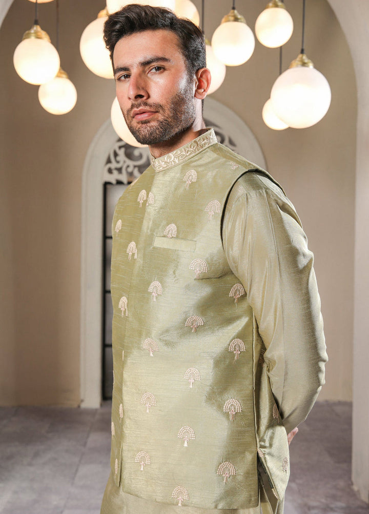 Muraqsh Ready To Wear  Cotton Men Pista Kurta Trouser with Embroidered Waistcoat MUR-PE-WS - Summer Collection