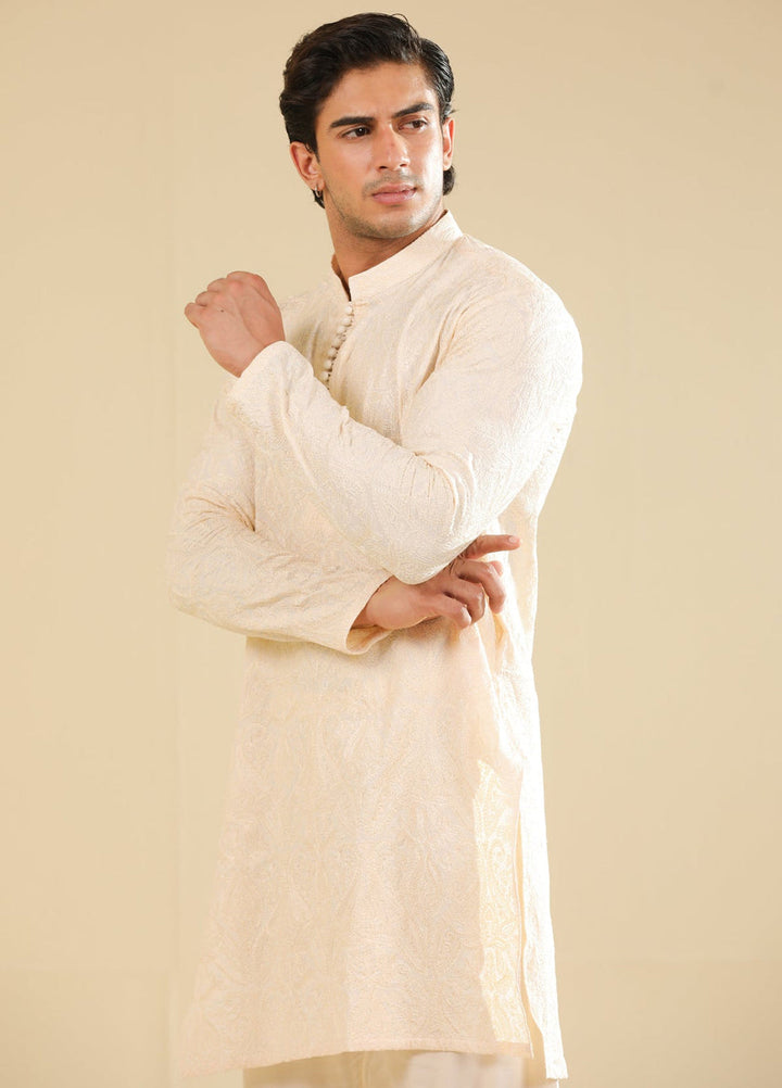 Muraqsh Ready To Wear Embroidered Bosky Men Andaz Bosky White Kurta Trouser MUR-A-BWR - Winter Collection
