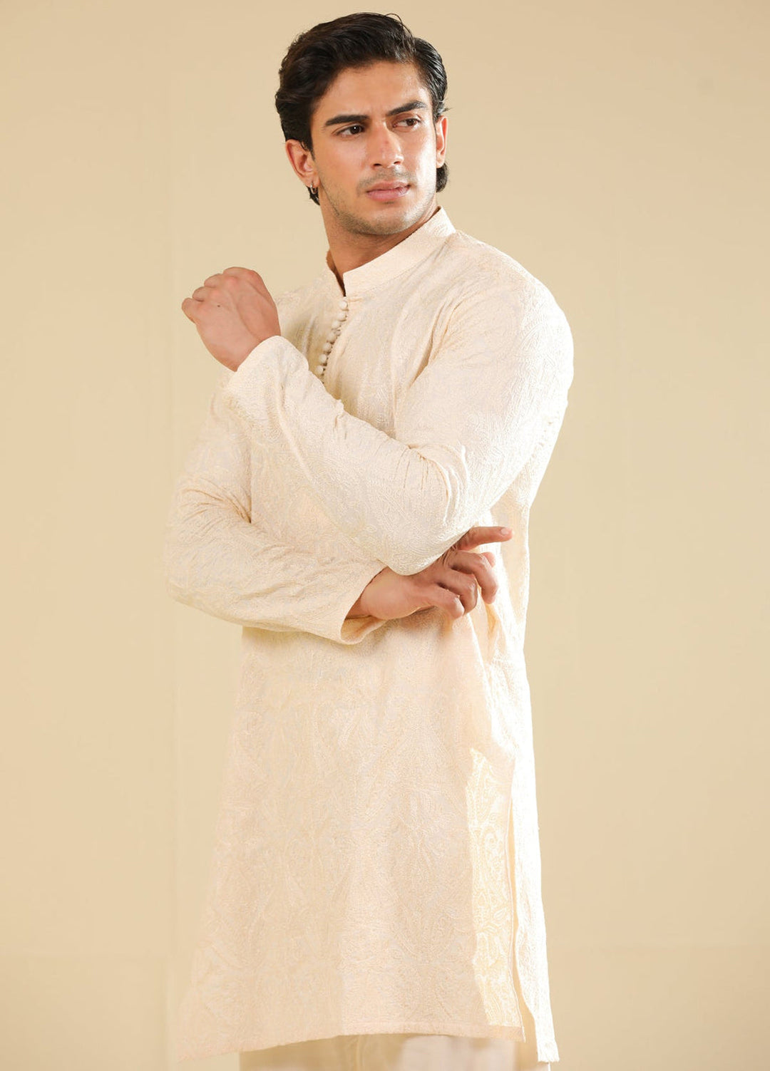 Muraqsh Ready To Wear Embroidered Bosky Men Andaz Bosky White Kurta Trouser MUR-A-BWR - Winter Collection