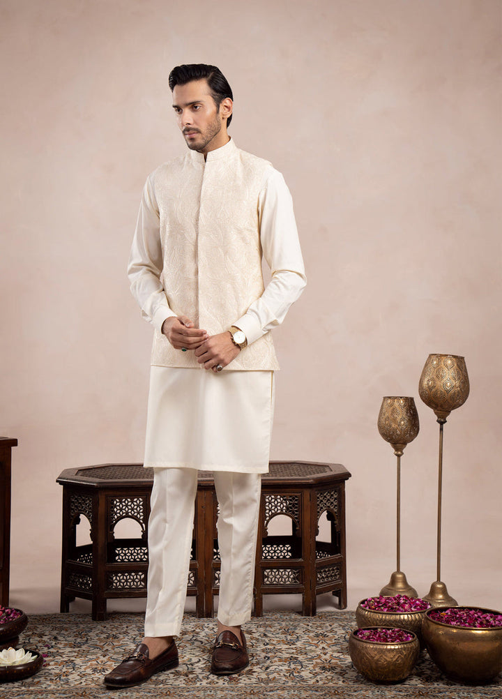 Muraqsh Ready To Wear Embroidered Bosky Men Bosky White Cross Stitched Waistcoat MUR-BWCSE - Summer Collection