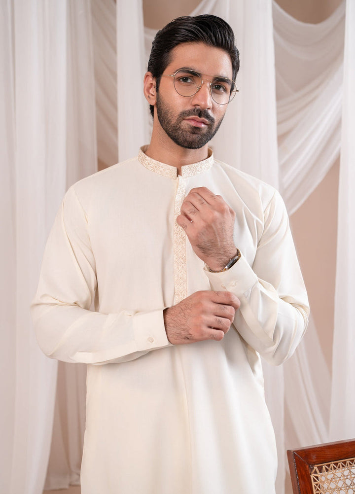 Muraqsh Ready To Wear Embroidered Bosky Men Formal Bosky White Kurta Shalwar Collar Neck MUR-FBWKS - Summer Collection