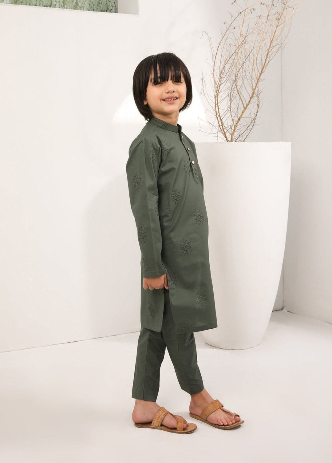 Muraqsh Ready To Wear Embroidered  Boys Army Green Cotton Embroidered Kurta Trouser MUR-AGECK - Summer Collection